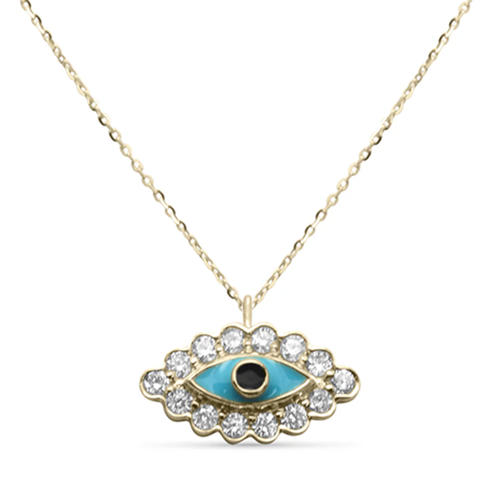 .10ct G SI 14K Yellow Gold Diamond Evil Eye Enamel Petite Pendant Necklace 18"
