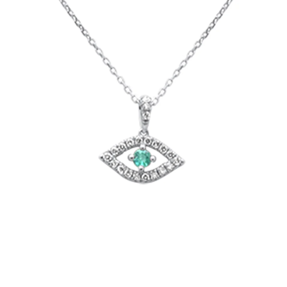 <span style="color:purple">SPECIAL!</span>.39ct G SI 14K White Gold Diamond & Emerald Gemstone Evil Eye Pendant 18" long Chain