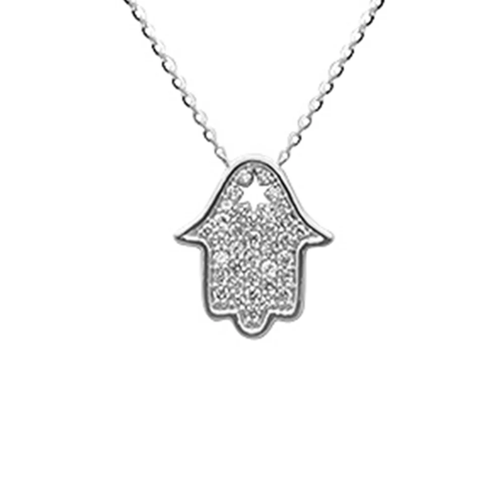 <span style="color:purple">SPECIAL!</span> .29ct G SI 14K White Gold Diamond Hamsa Pendant Neckalace 16+2" Ext. Long