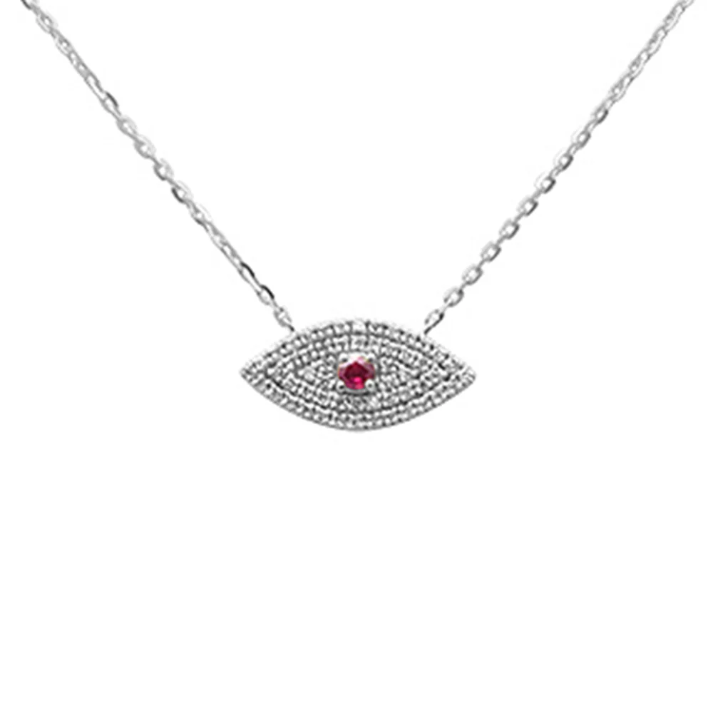 .16ct G SI 14K White Gold Diamond & Ruby Gemstone Evil Eye Pendant Necklace 16+2" Ext. Long