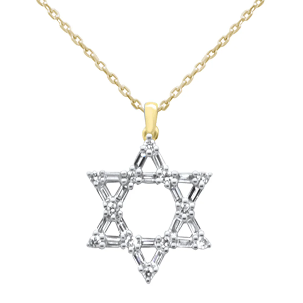 <span style="color:purple">SPECIAL!</span> .33ct G SI 14K Yellow Gold Round & Baguette Diamond Star of David Pendant Necklace 18" Long Chain