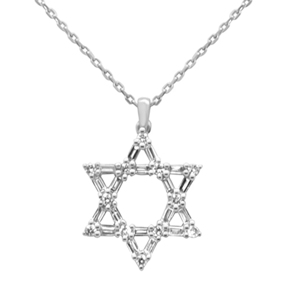 <span style="color:purple">SPECIAL!</span> .33ct G SI 14K White Gold Round & Baguette Diamond Star of David Pendant Necklace 18" Long Chain