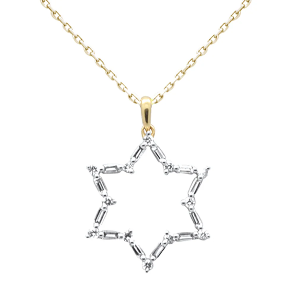 <span style="color:purple">SPECIAL!</span>  .26ct G SI 14K Yellow Gold Round & Baguette Diamond Star of David Pendant Necklace 18" Long Chain