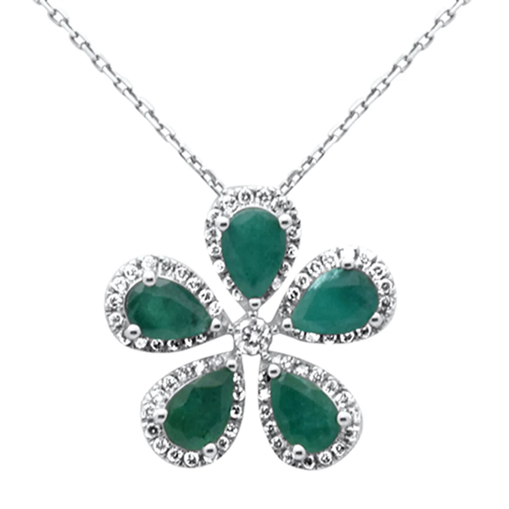 <span style="color:purple">SPECIAL!</span> 2.23ct G SI 14K White Gold Diamond & Emerald Gemstones Flower Pendant Necklace 18" Long Chain
