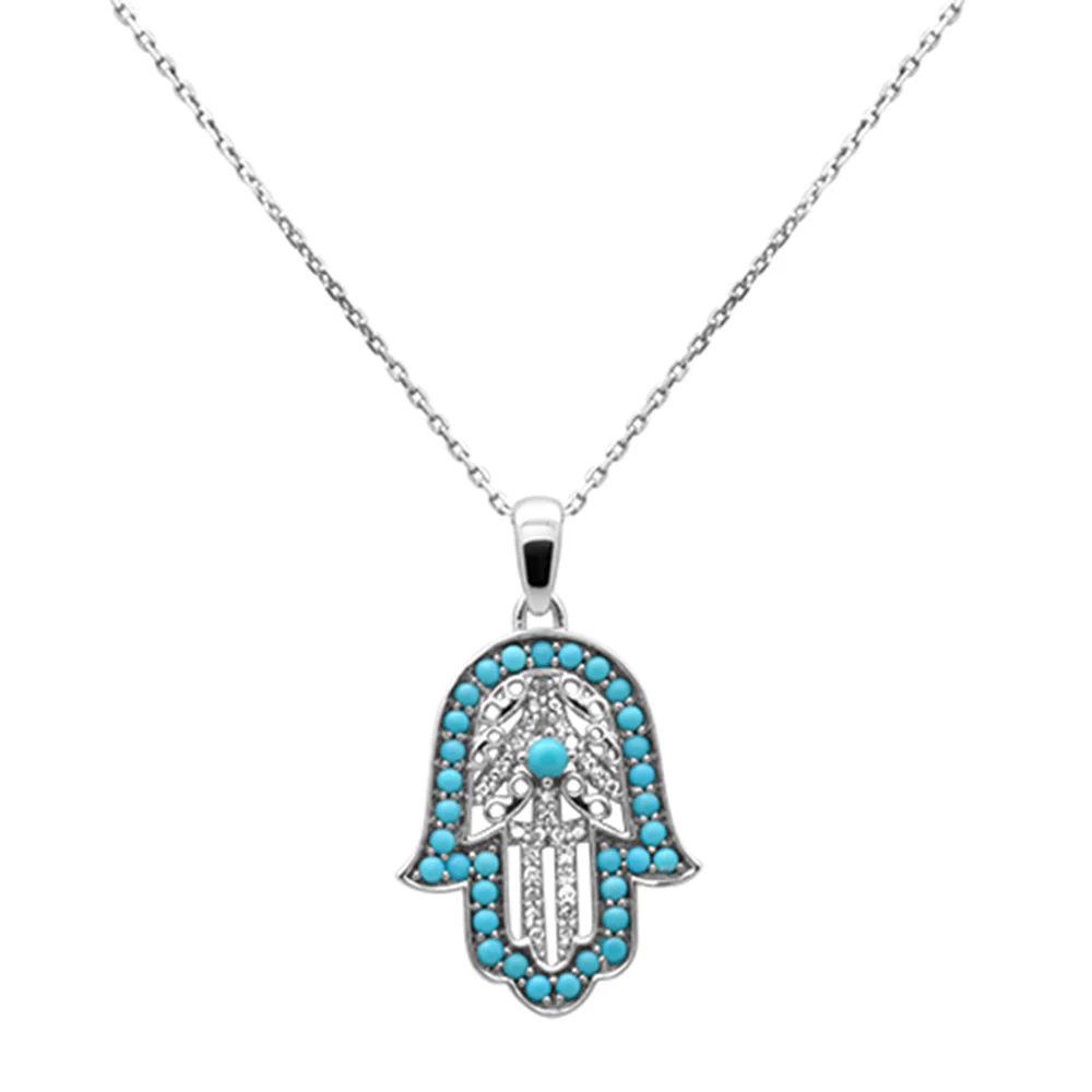 <span style="color:purple">SPECIAL!</span>.80ct G SI 14K White Gold Diamond & Turquoise Hamsa Pendant Necklace 18" Long Chain