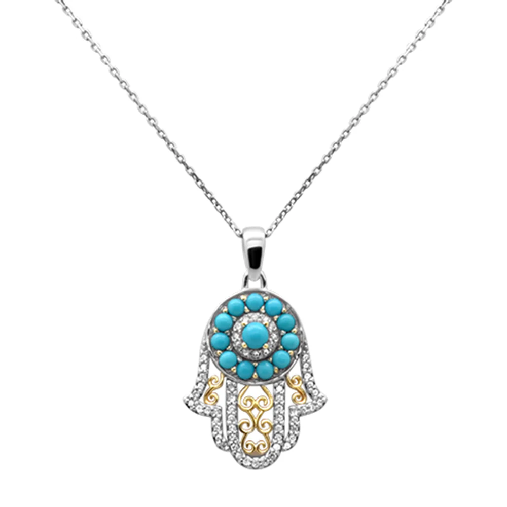 <span style="color:purple">SPECIAL!</span>.97ct G SI 14K Two Tone Gold Diamond & Turquoise Hamsa Pendant Necklace 18" Long Chain