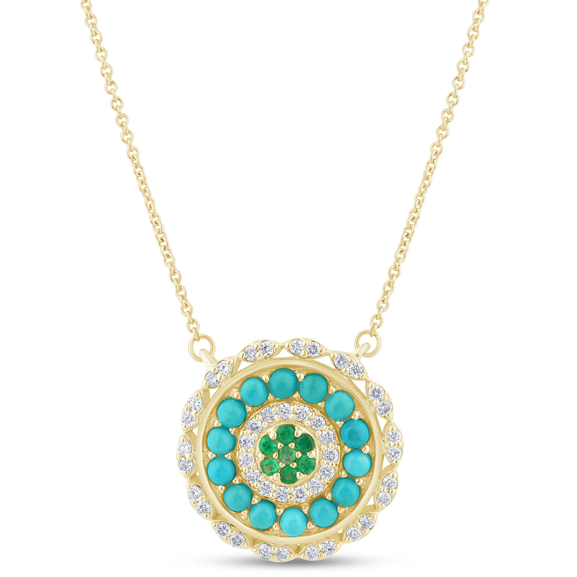 <span style="color:purple">SPECIAL!</span>.83ct G SI 14K Yellow Gold Round Shape Halo Diamond, Emerald & Turquoise Pendant Necklace 18" Long Chain