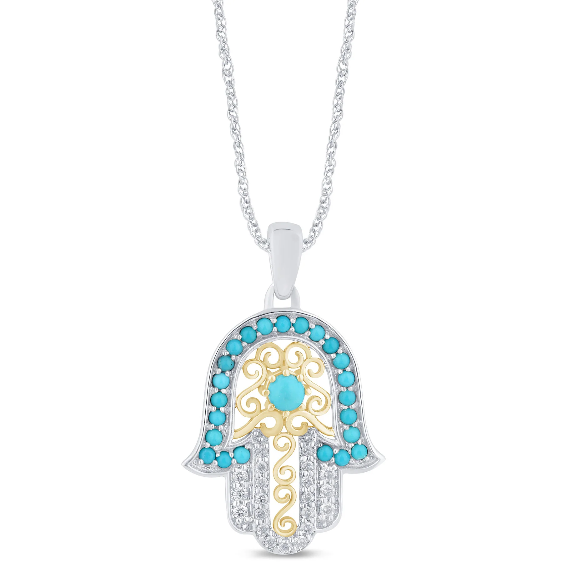 <span style="color:purple">SPECIAL!</span> .78ct G SI 14K Two Tone Diamond Turquoise Hamsa Pendant Necklace 18" Long Chain