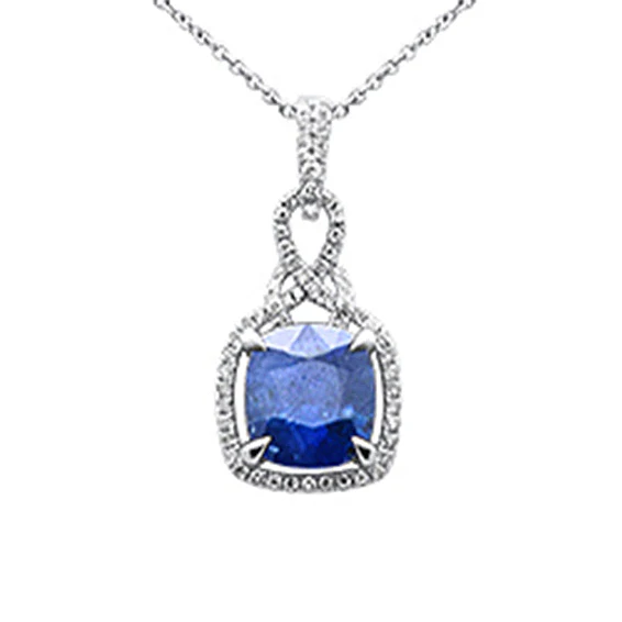 <span style="color:purple">SPECIAL!</span>3.11ct G SI 14K White Gold Diamond & Blue Sapphire Gemstone Pendant Necklace 16" Long Chain