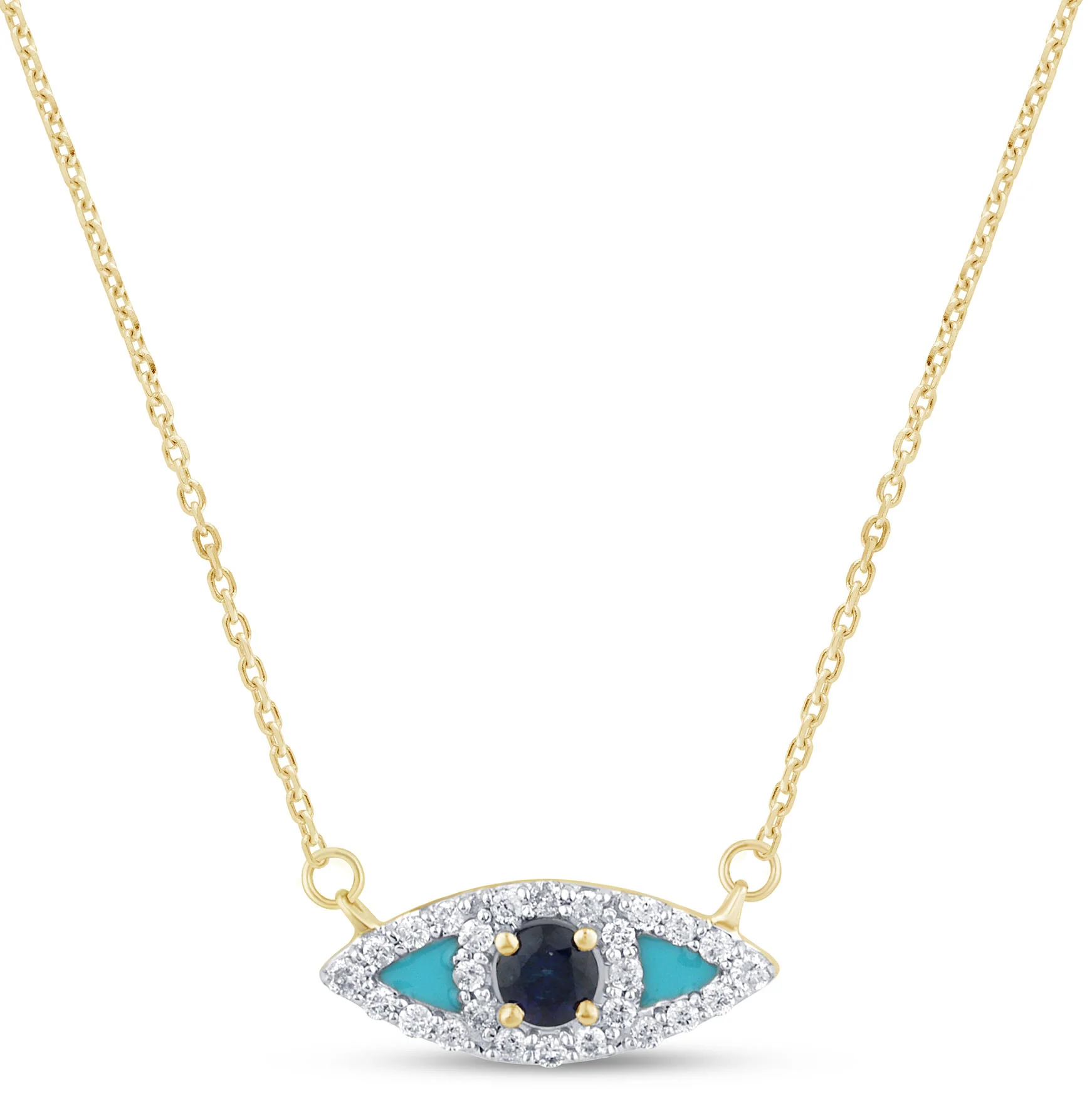 <span style="color:purple">SPECIAL!</span> .30ct G SI 14K Yellow Gold Diamond & Blue Sapphire Gemstone Evil Eye Pendant Necklace 18" Long Chain