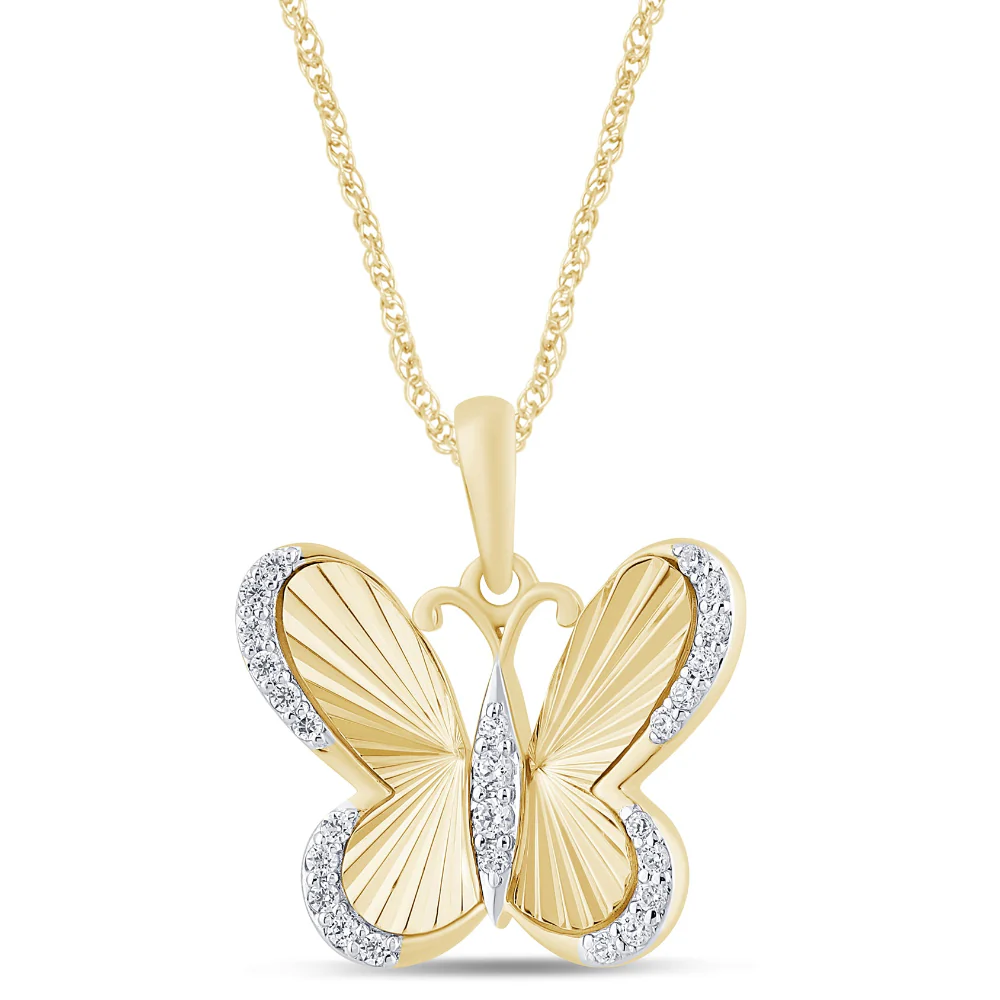 <span style="color:purple">SPECIAL!</span> .15ct G SI 14K Yellow Gold Round Diamond Butterfly Pendant Necklace 18" Long Chain