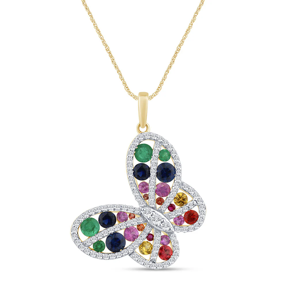 <span style="color:purple">SPECIAL!</span> 2.51ct G SI 14K Yellow Gold Diamond & Multi Color Gemstone Butterfly Necklace 18" Long