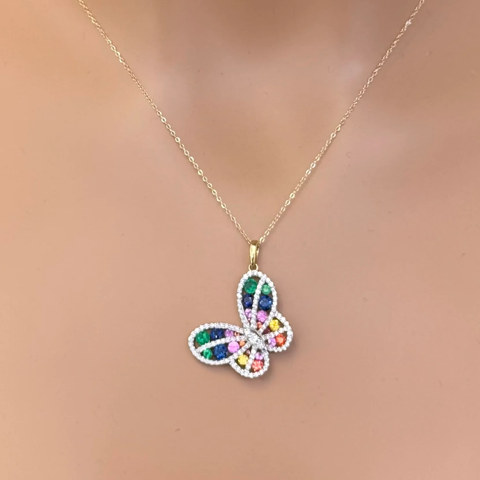 <span style="color:purple">SPECIAL!</span> 2.51ct G SI 14K Yellow Gold Diamond & Multi Color Gemstone Butterfly Necklace 18" Long - Image 2