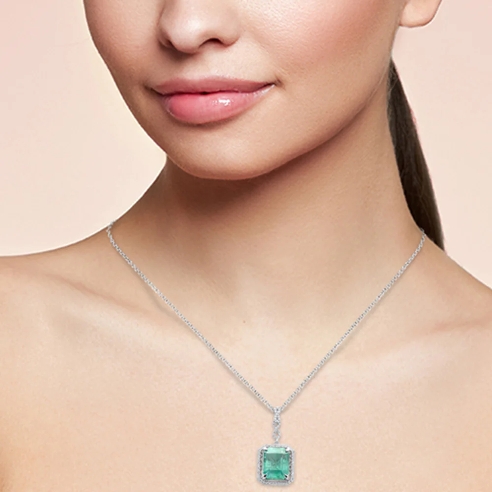 <span style="color:purple">SPECIAL!</span> 4.00ct G SI 14K White Gold Diamond & Natural Emerald Pendant Neckalace 16" Long Chain - Image 2