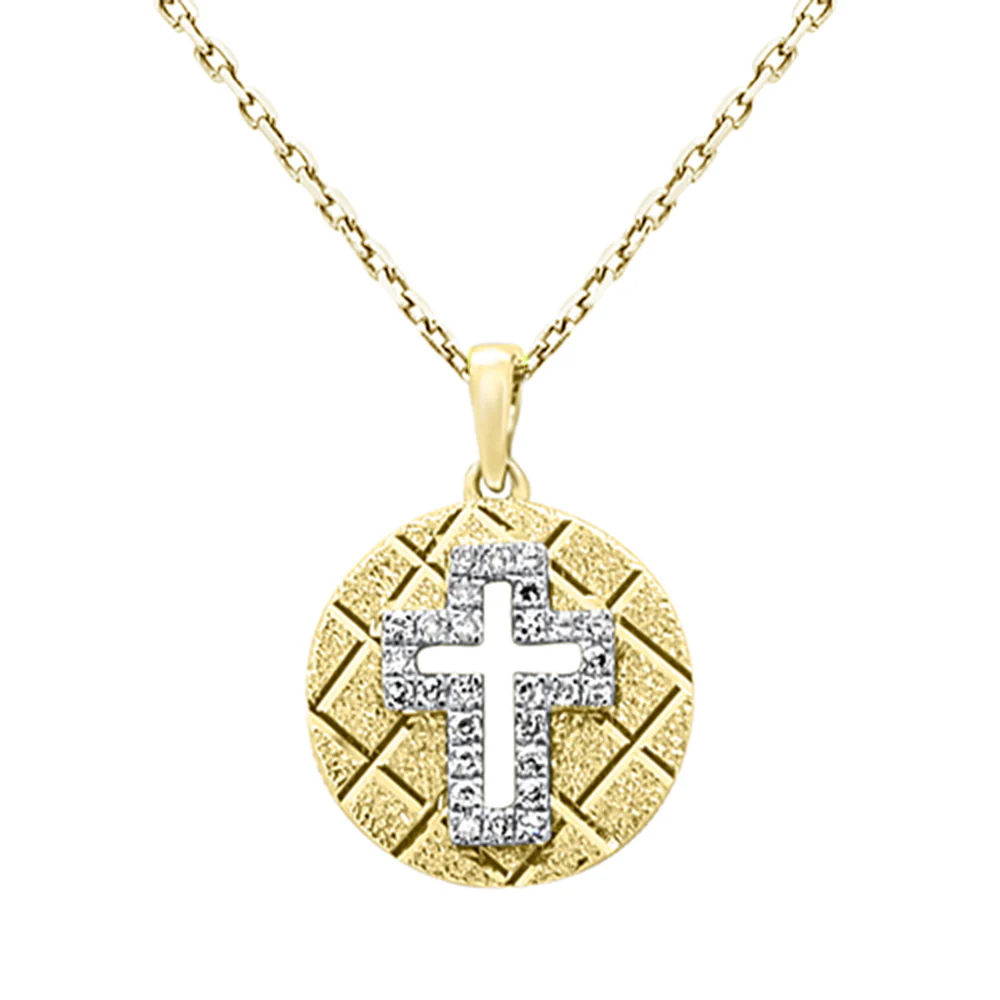 <span style="color:purple">SPECIAL!</span>.09ct G SI 14K Yellow Gold Round Diamond Disc Cross Pendant Necklace 18"