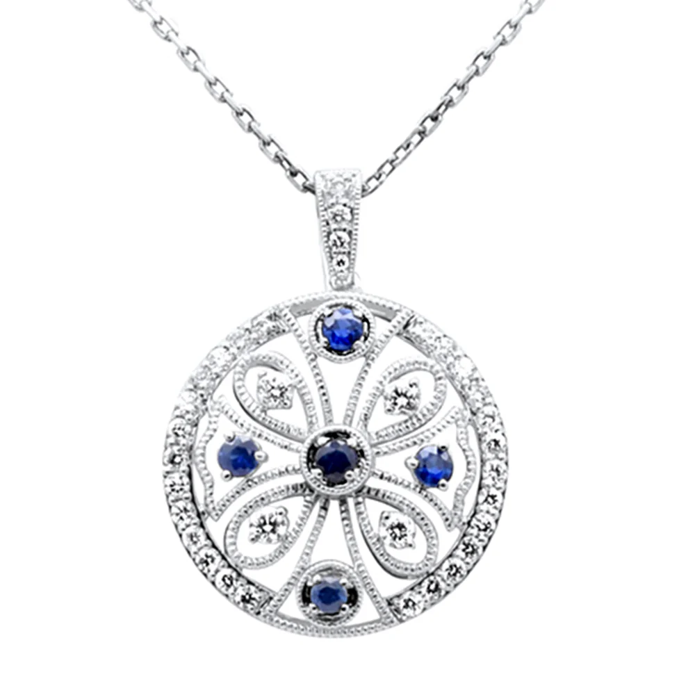 <span style="color:purple">SPECIAL!</span> .51ct G SI 14K White Gold Diamond Blue & Sapphire Gemstone Pendant Necklace 18" Chain