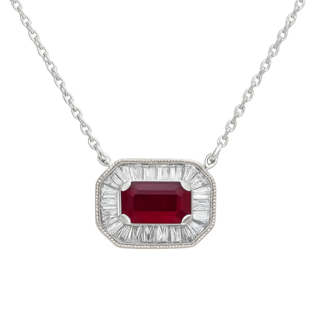 <span style="color:purple">SPECIAL!</span> .54ct G SI 14K White Gold Diamond & Ruby Gemstone Pendant Necklace 16+2" Ext