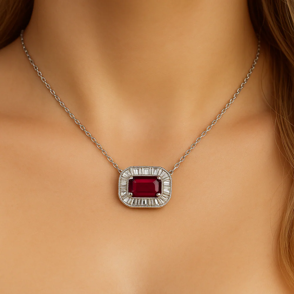 <span style="color:purple">SPECIAL!</span> .54ct G SI 14K White Gold Diamond & Ruby Gemstone Pendant Necklace 16+2" Ext - Image 2