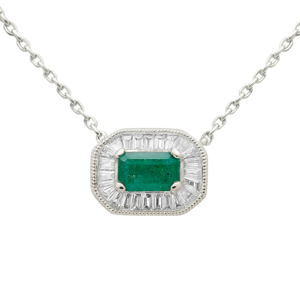 <span style="color:purple">SPECIAL!</span> .45ct G SI 14K White Gold Diamond & Emerald Gemstone Pendant Necklace 16+2" Ext