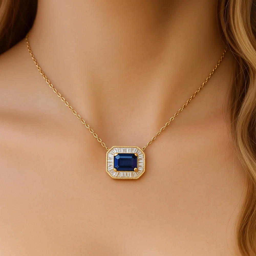 <span style="color:purple">SPECIAL!</span> .44ct G SI 14K Yellow Gold Diamond & Blue Sapphire Gemstone Pendant Necklace 16+2" Ext - Image 2