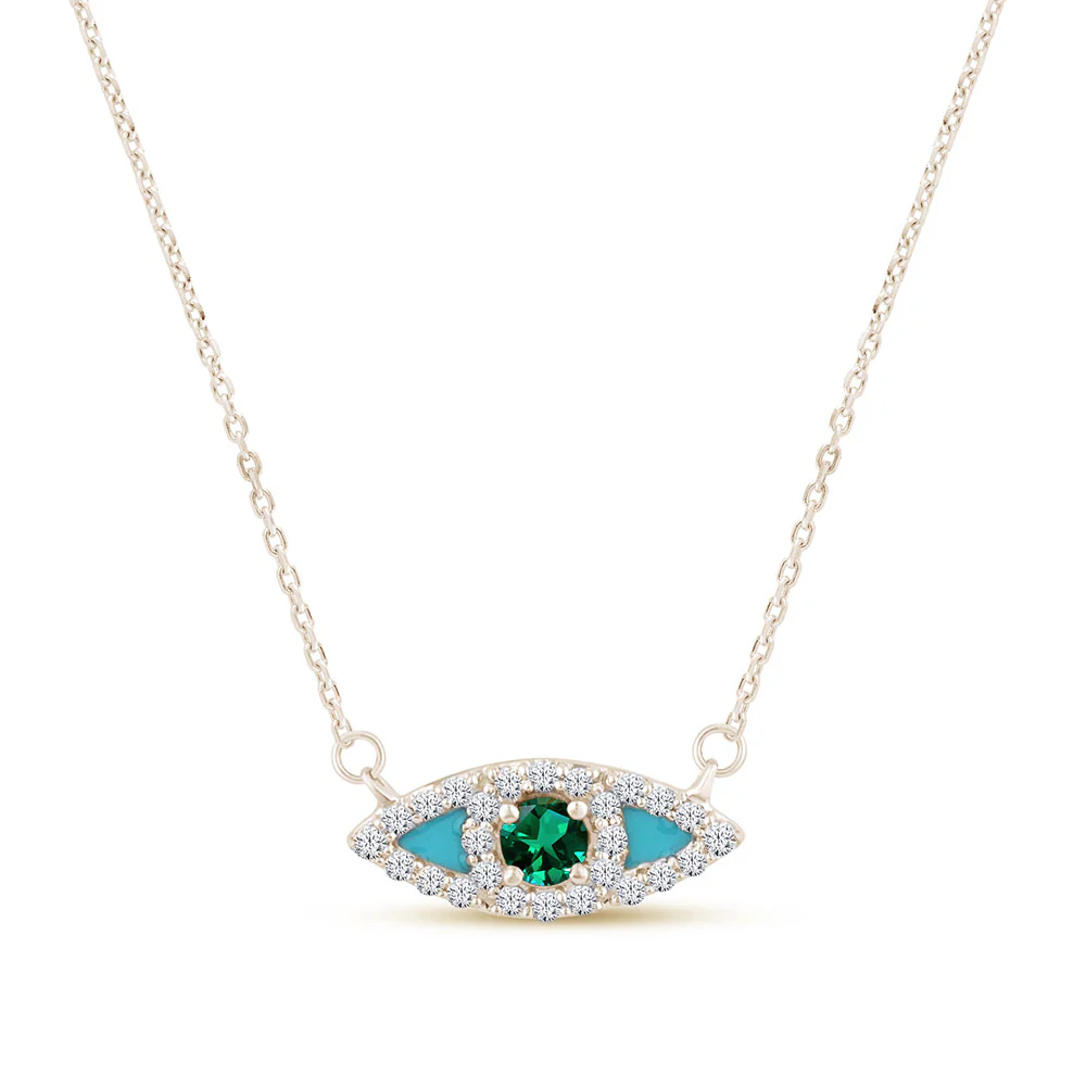 <span style="color:purple">SPECIAL!</span> .23ct G SI 14K Yellow Gold Diamond & Emerald Gemstone with Blue Enamel Evil Eye Pendant Necklace 18" Long Chain