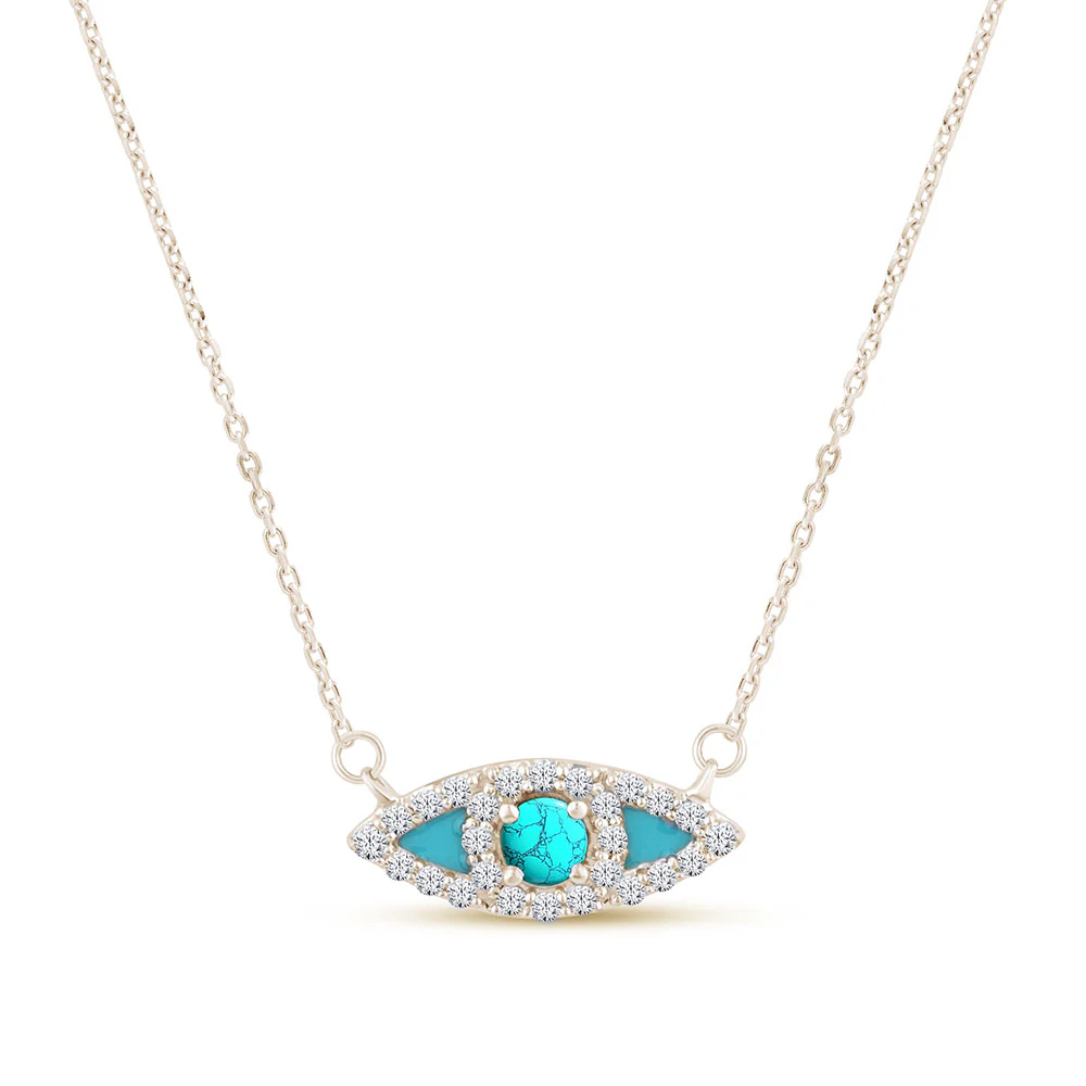 <span style="color:purple">SPECIAL!</span> .26ct G SI 14K Yellow Gold Diamond Torquise and Blue Enamel Evil Eye Pendant Necklace 18" Long Chain