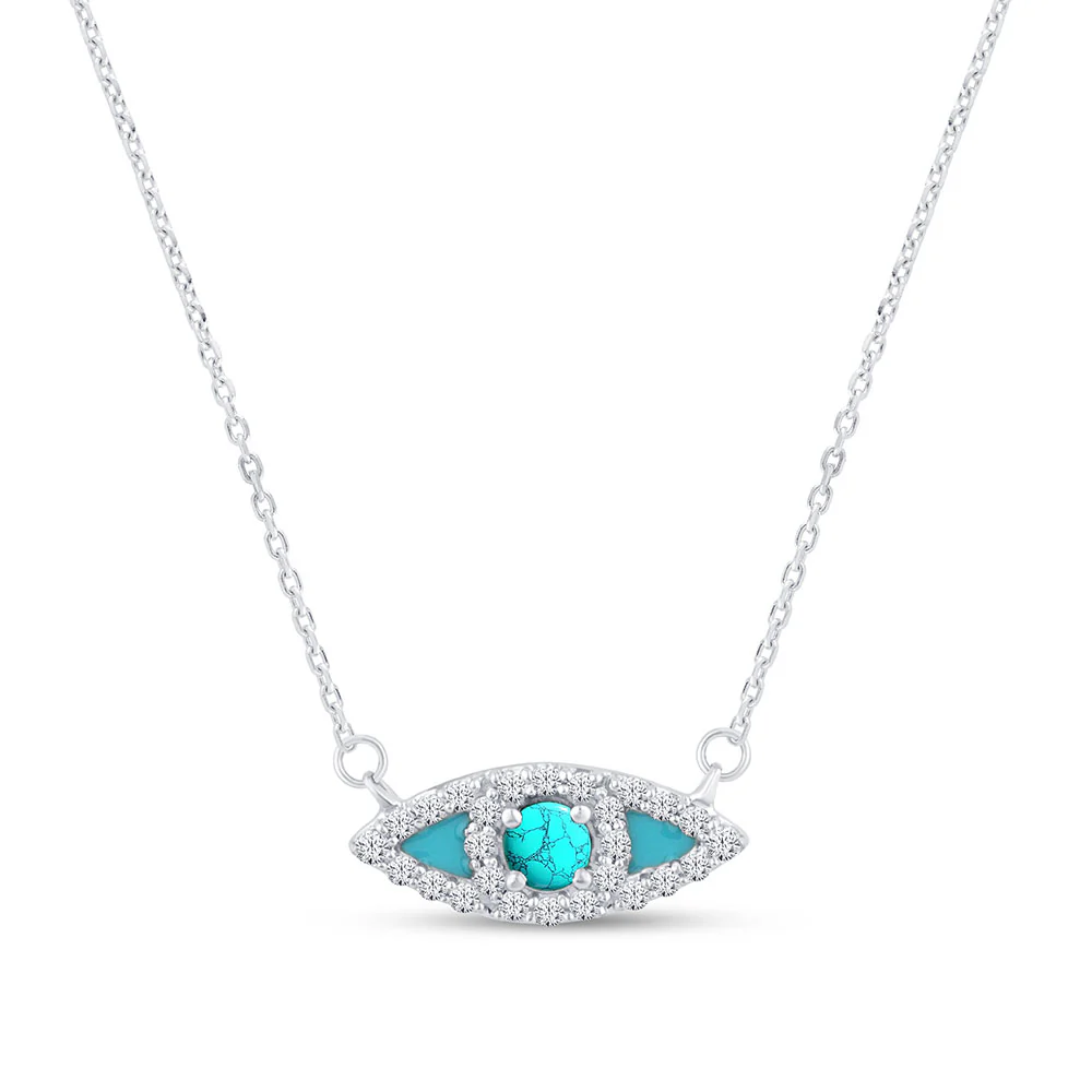 <span style="color:purple">SPECIAL!</span>.30ct G SI 14K White Gold Diamond Turquoise and Blue Enamel Evil Eye Pendant Necklace 18" Long Chain
