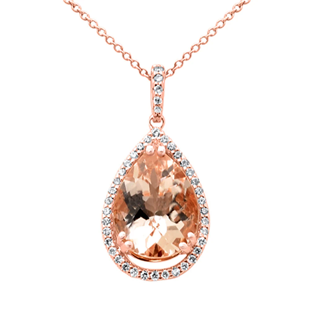 <span style="color:purple">SPECIAL!</span> 3.63ct G SI 14K Rose Gold Diamond & Pear Shape Morganite Gemstone Pendant Necklace 16" Long Chain