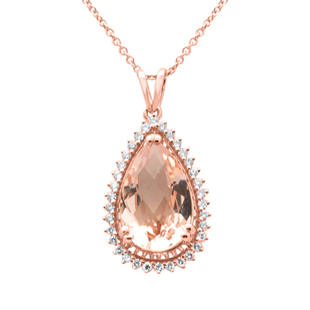 <span style="color:purple">SPECIAL!</span> 3.33ct G SI 14K Rose Gold Diamond & Pear Shape Morganite Gemstone Pendant Necklace 16" Long Chain