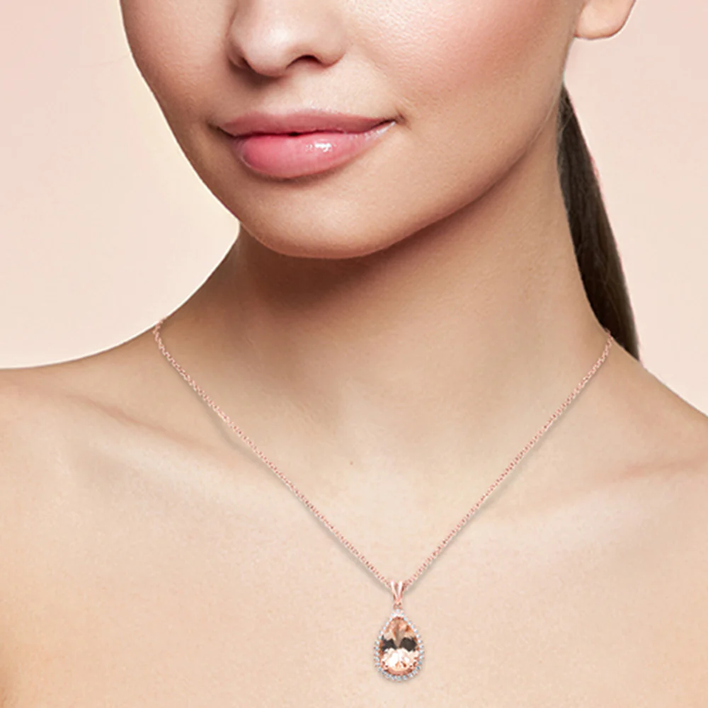 <span style="color:purple">SPECIAL!</span> 3.33ct G SI 14K Rose Gold Diamond & Pear Shape Morganite Gemstone Pendant Necklace 16" Long Chain - Image 2