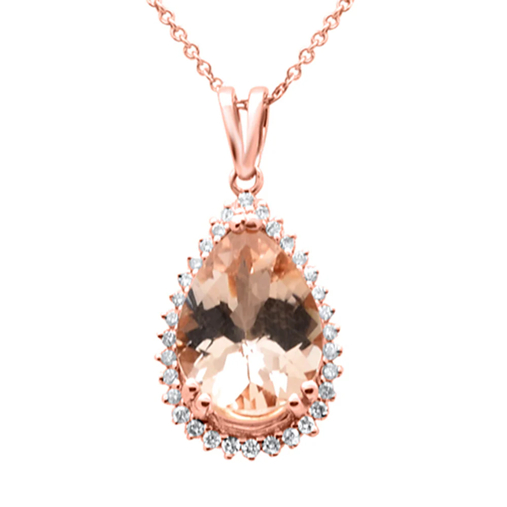 <span style="color:purple">SPECIAL!</span> 3.42ct G SI 14K Rose Gold Diamond & Pear Shape Morganite Gemstone Pendant Necklace 16" Long Chain