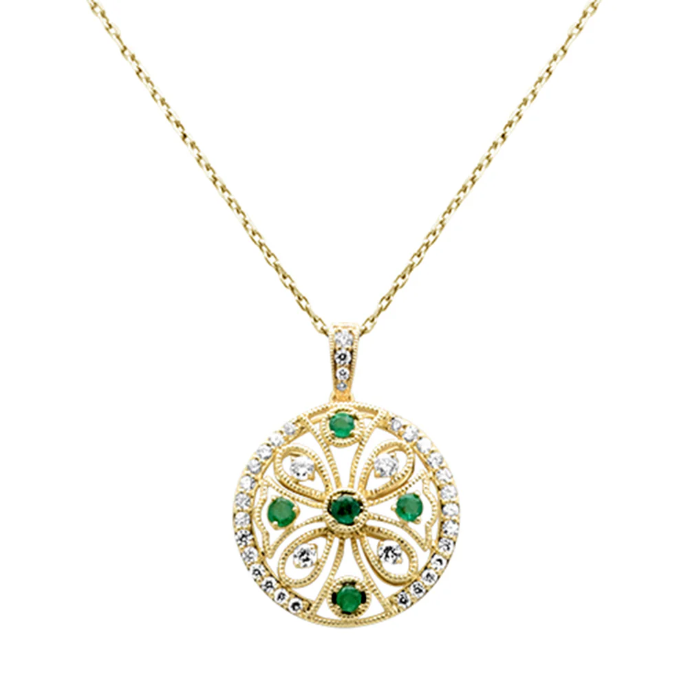 <span style="color:purple">SPECIAL!</span>.41ct G SI 14K Yellow Gold Diamond & Emerald Gemstone Round Pendant Necklace 18" Long