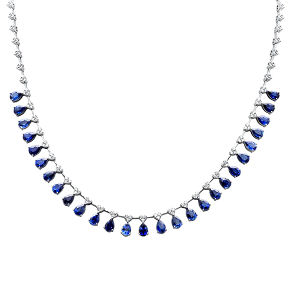 <span style="color:purple">SPECIAL!</span> 12.60ct G SI 14K White Gold Diamond & Blue Sapphire Gemstone Pendant Necklace 16+2" Long
