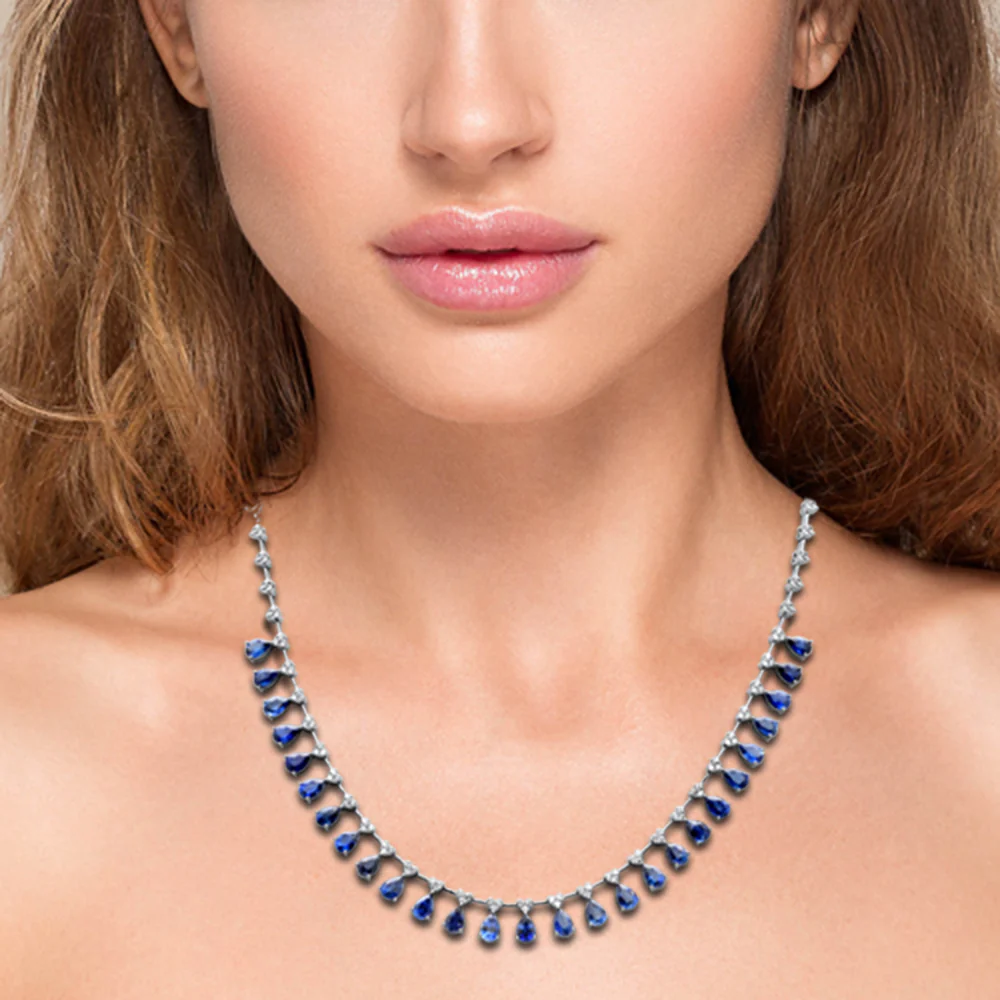 <span style="color:purple">SPECIAL!</span> 12.60ct G SI 14K White Gold Diamond & Blue Sapphire Gemstone Pendant Necklace 16+2" Long - Image 2