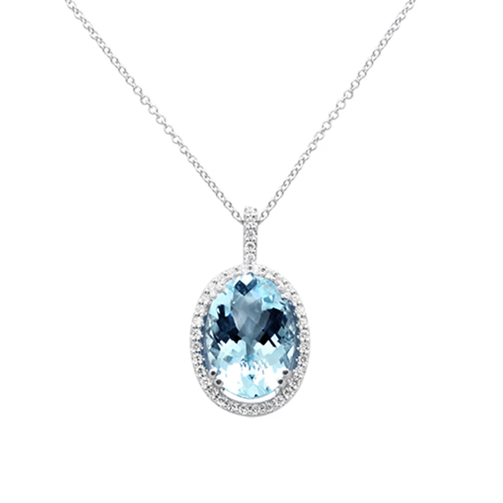 <span style="color:purple">SPECIAL!</span>5.80ct G SI 14K White Gold Diamond & Oval Shape Aquamarine Gemstone Pendant Necklace 18" Long Chain