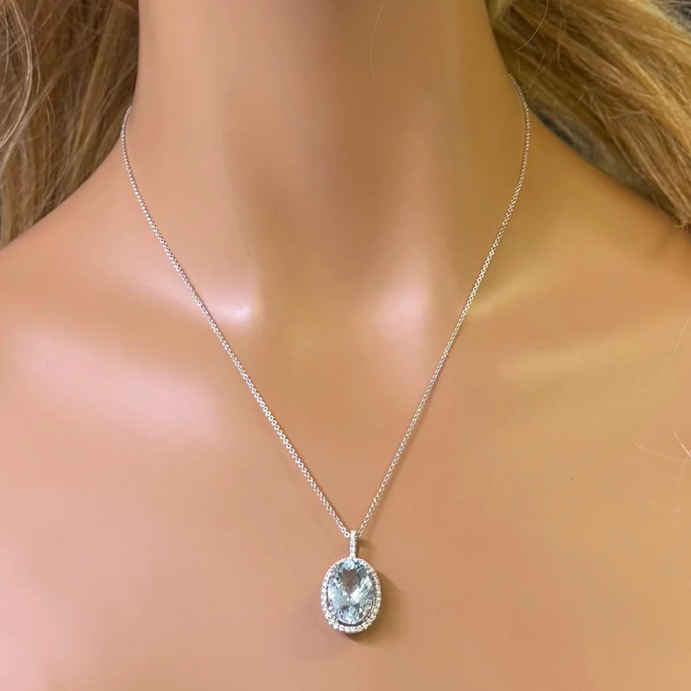 <span style="color:purple">SPECIAL!</span>5.80ct G SI 14K White Gold Diamond & Oval Shape Aquamarine Gemstone Pendant Necklace 18" Long Chain - Image 2