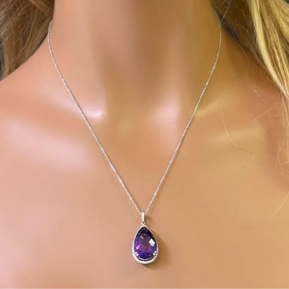 <span style="color:purple">SPECIAL!</span>8.60ct G SI 14K White Gold Diamond & Pear Shape Amethyst Gemstone Pendant Necklace 18" Long Chain - Image 2