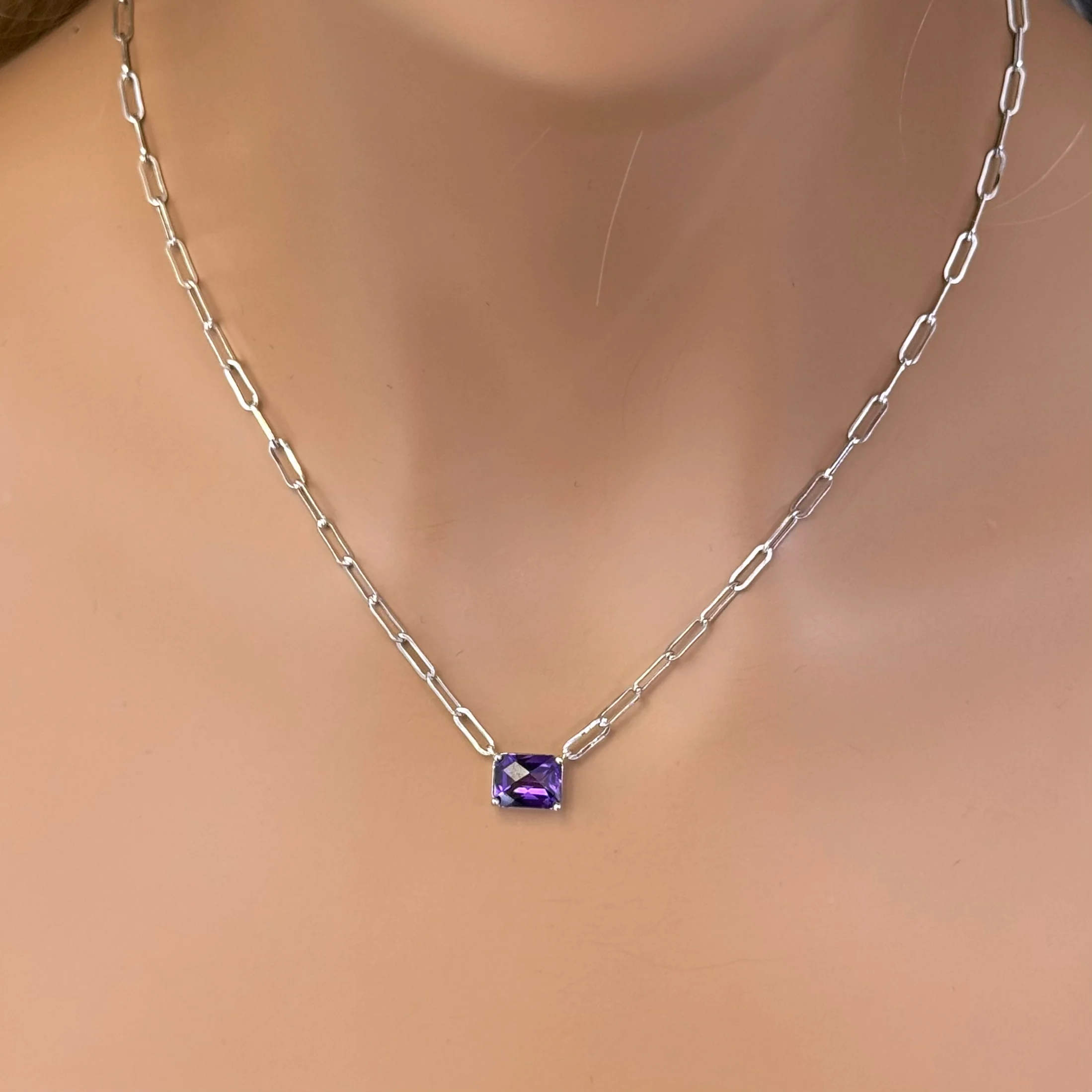 <span>DIAMOND CLOSEOUT! </span> 2.86ct G SI 14K White Gold Amethyst Gemstone Paperclip Pendant Necklace 14+2" Long - Image 2