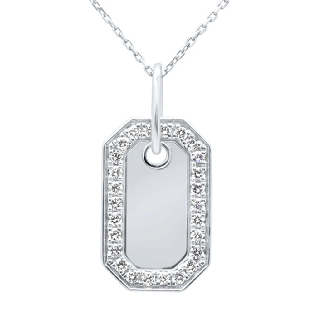 <span style="color:purple">SPECIAL!</span>.49ct G SI 14K White Gold Diamond Name Dog Tag Pendant Necklace 18" Long