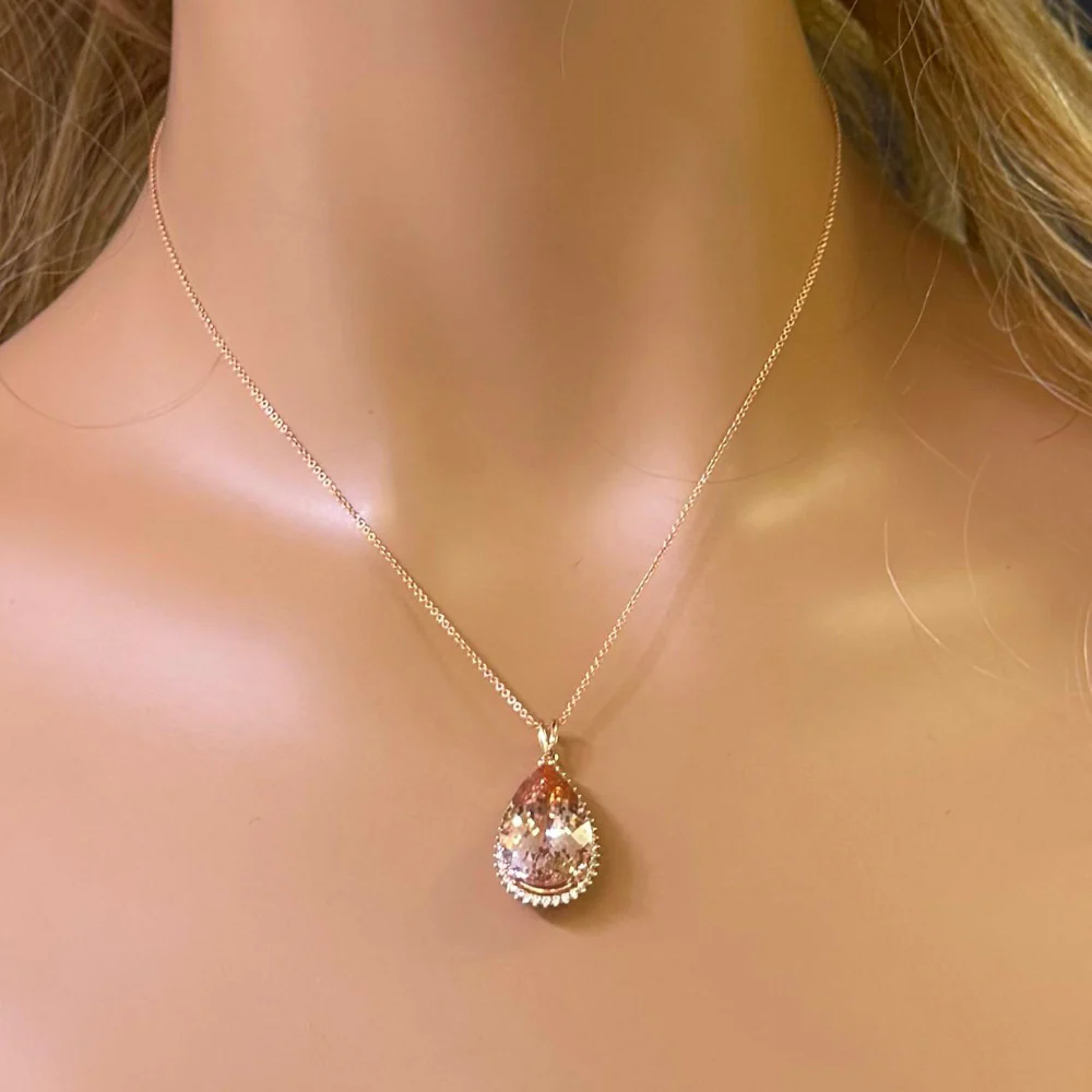 <span style="color:purple">SPECIAL!</span> 8.58ct G SI 14K Rose Gold Diamond & Pear Shape Morganite Gemstone Pendant Necklace 16" Long - Image 2
