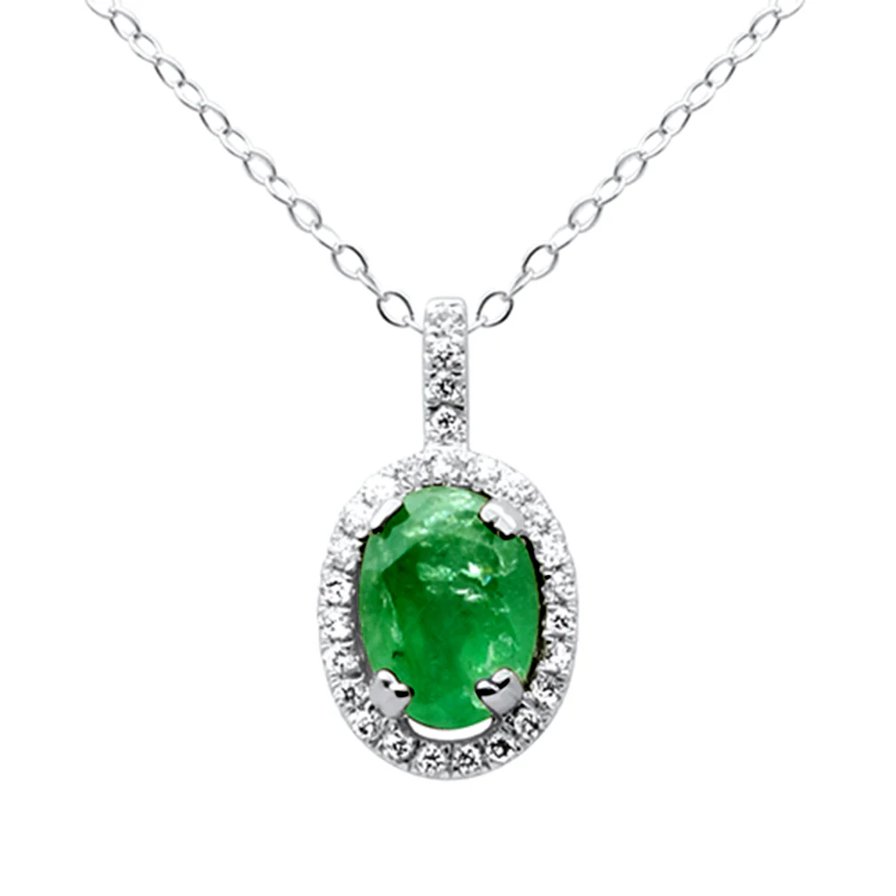 <span style="color:purple">SPECIAL!</span> 1.11ct G SI 14K White Gold Diamond & Emerald Gemstone Pendant Necklace 18"