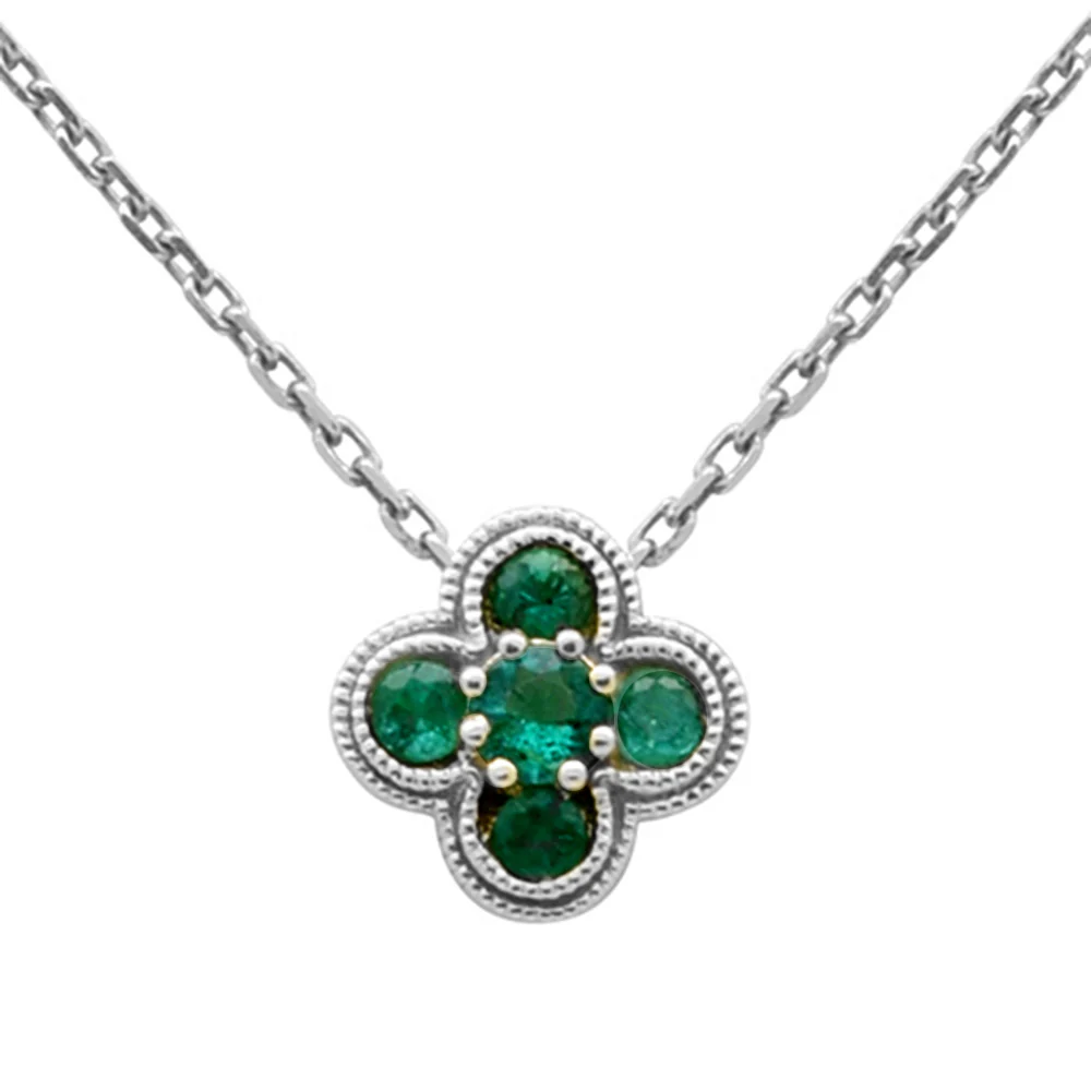 .17ct G SI 14K White Gold Emerald Gemstone Clover Pendant Necklace 18" Chain