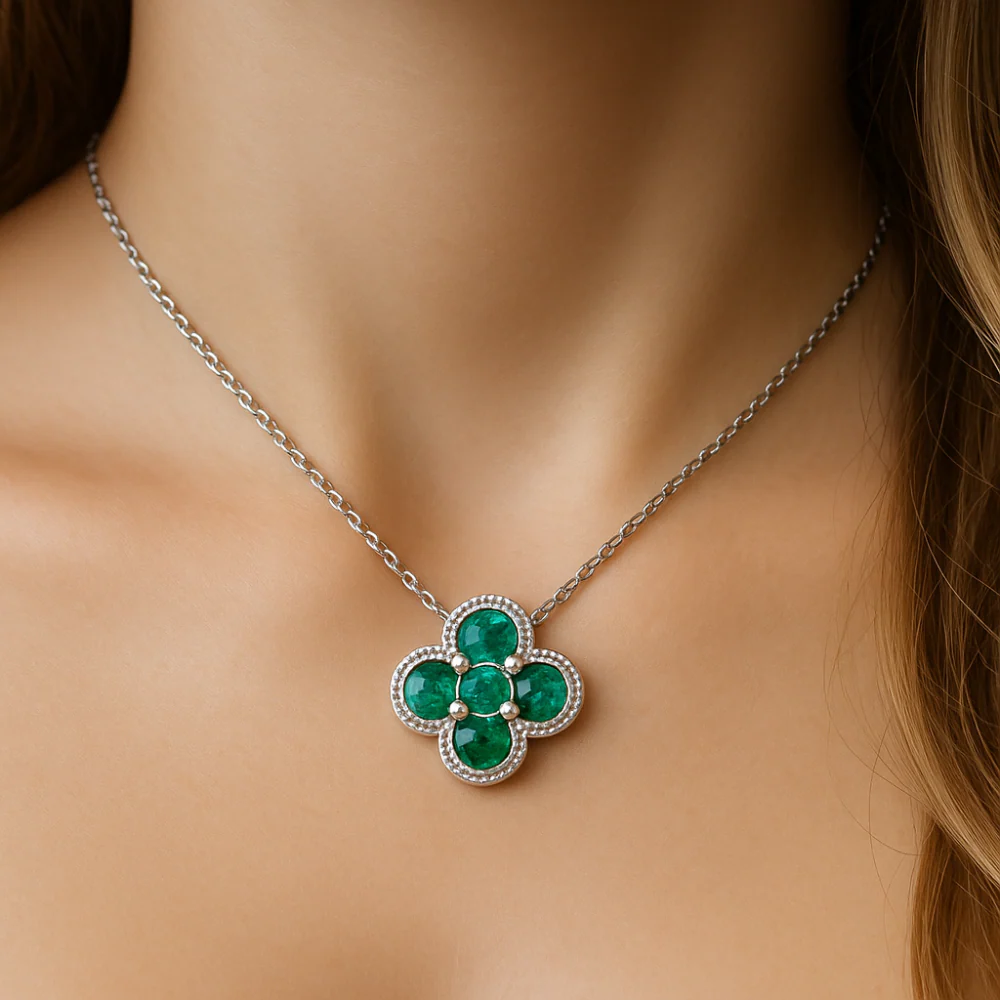 .17ct G SI 14K White Gold Emerald Gemstone Clover Pendant Necklace 18" Chain - Image 2