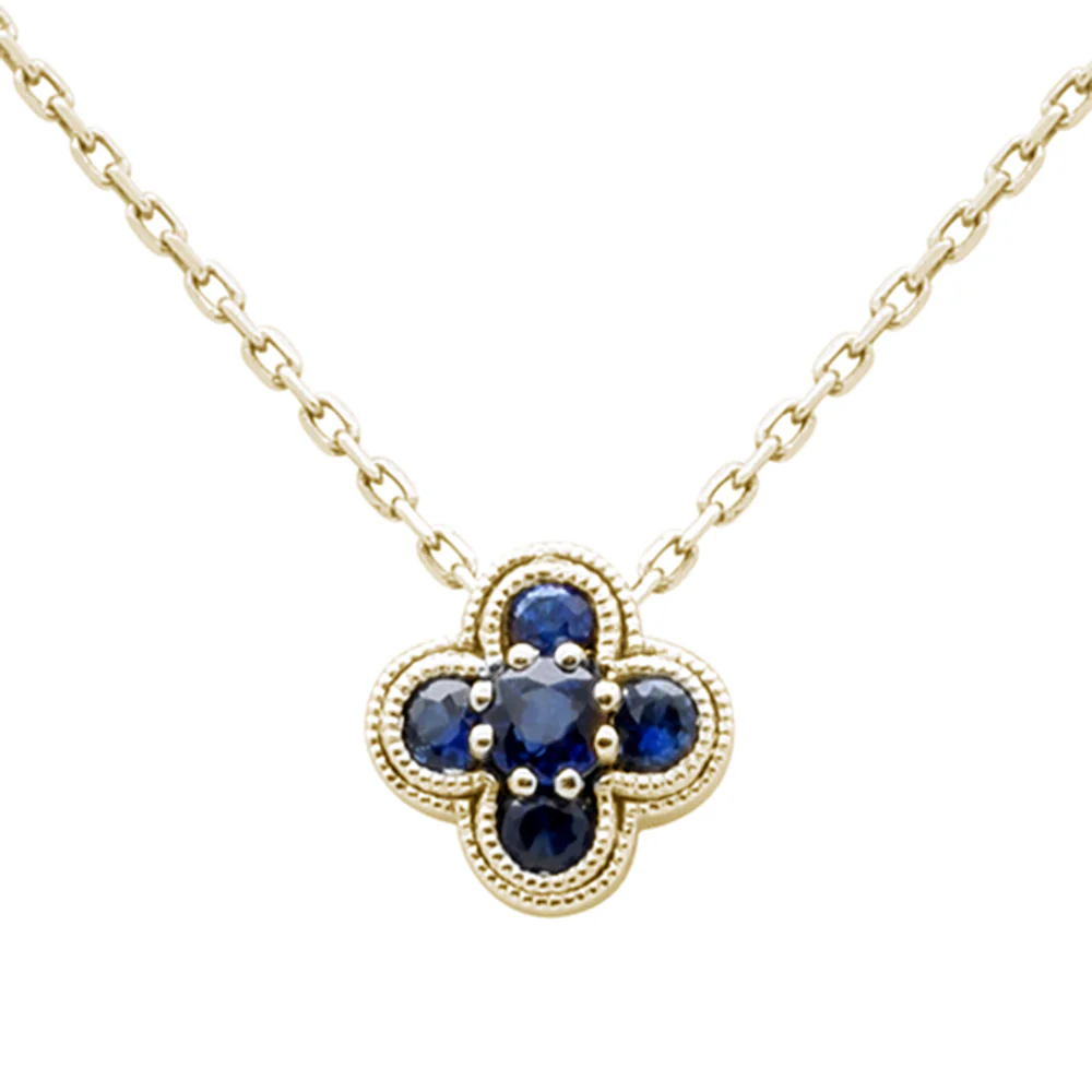 .27ct G SI 14K Yellow Gold Blue Sapphire Gemstone Clover Pendant Necklace 18" Chain