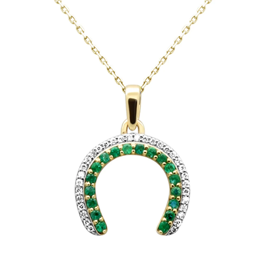 <span style="color:purple">SPECIAL!</span>.48ctG SI 14K Yellow Gold Diamond & Emerald Gemstone Horse shoe Pendant 18" Chain