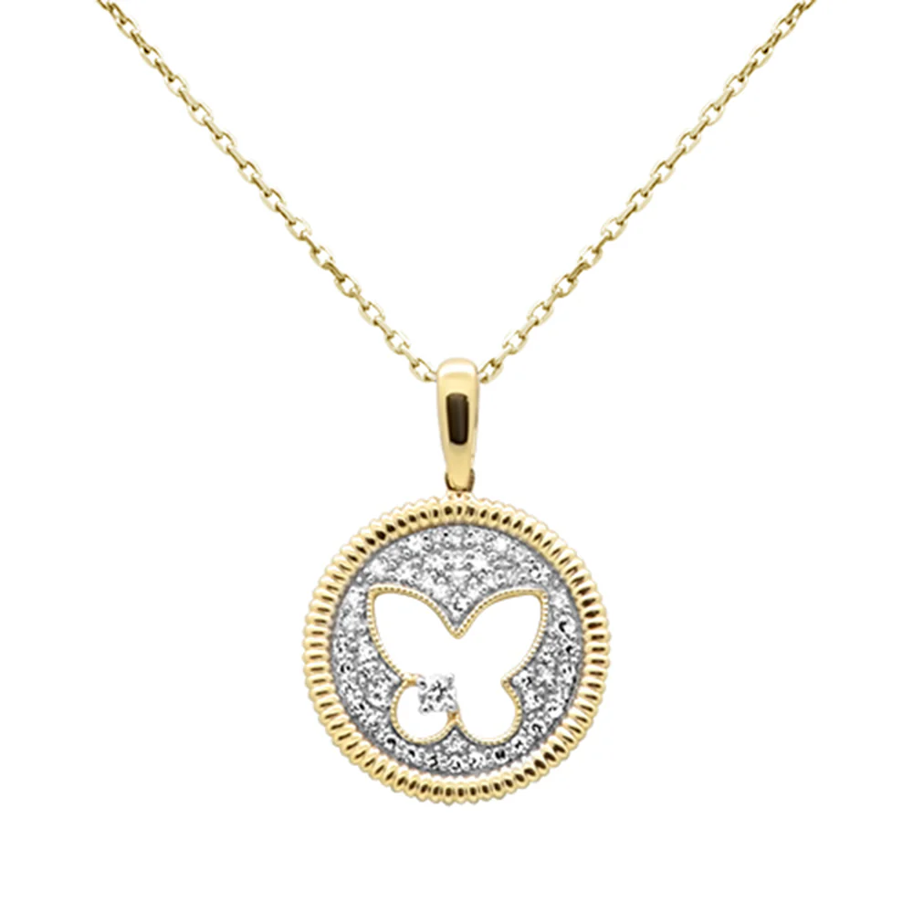 <span style="color:purple">SPECIAL!</span>.24ct G SI 14K Yellow Gold Butterfly Cut Out Mediallion Diamond Pendant Necklace 18" Chain