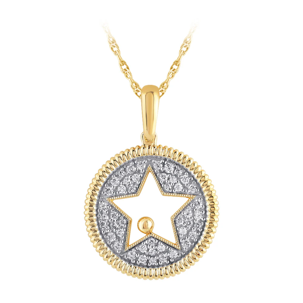 <span style="color:purple">SPECIAL!</span>.25ct G SI 14K Yellow Gold Star Medallion Diamond Pendant Necklace 18" Chain