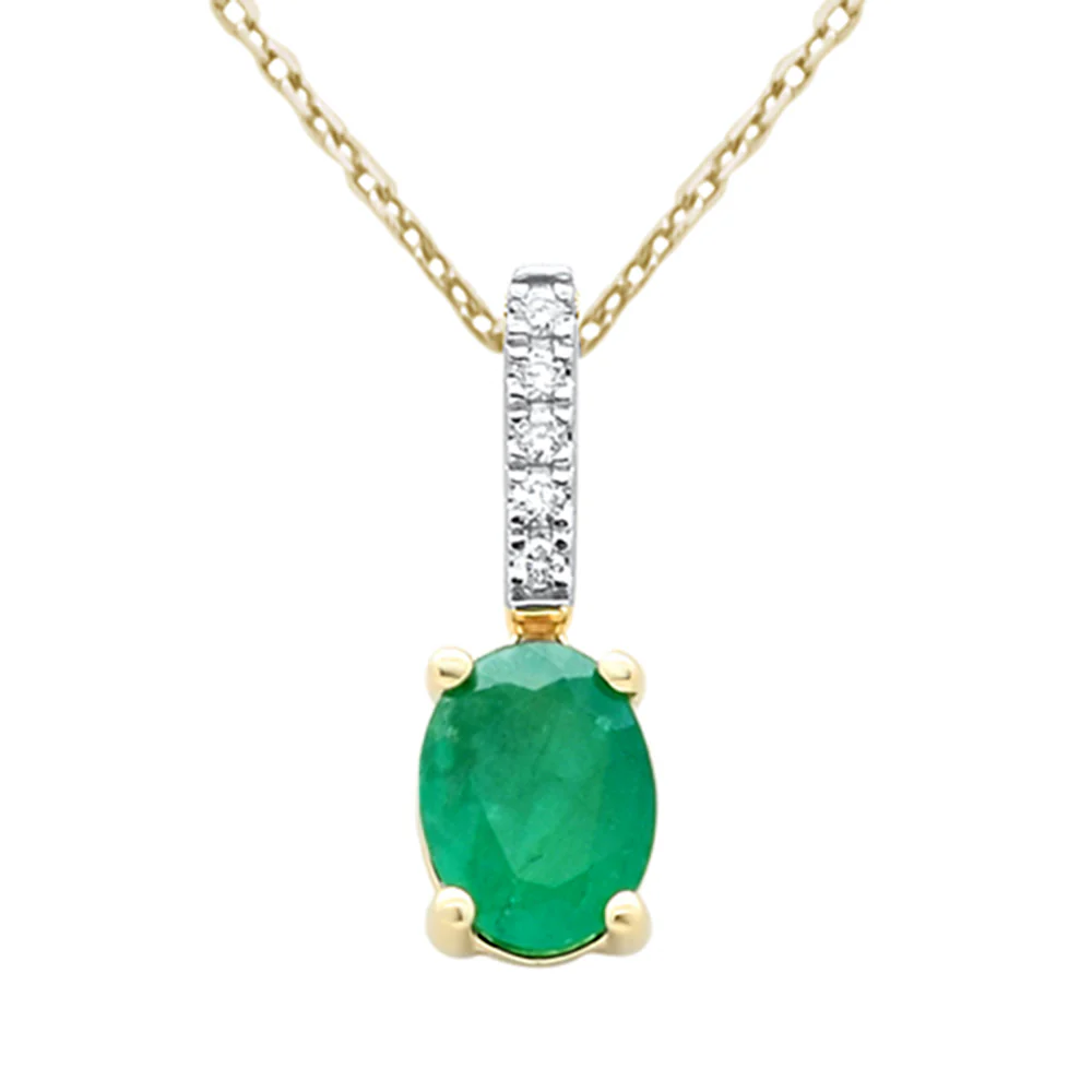 <span style="color:purple">SPECIAL!</span>1.26ct G SI 14K Yellow Gold Diamond & Oval Emerald Gemstone Drop Pendant Necklace 18" Chain