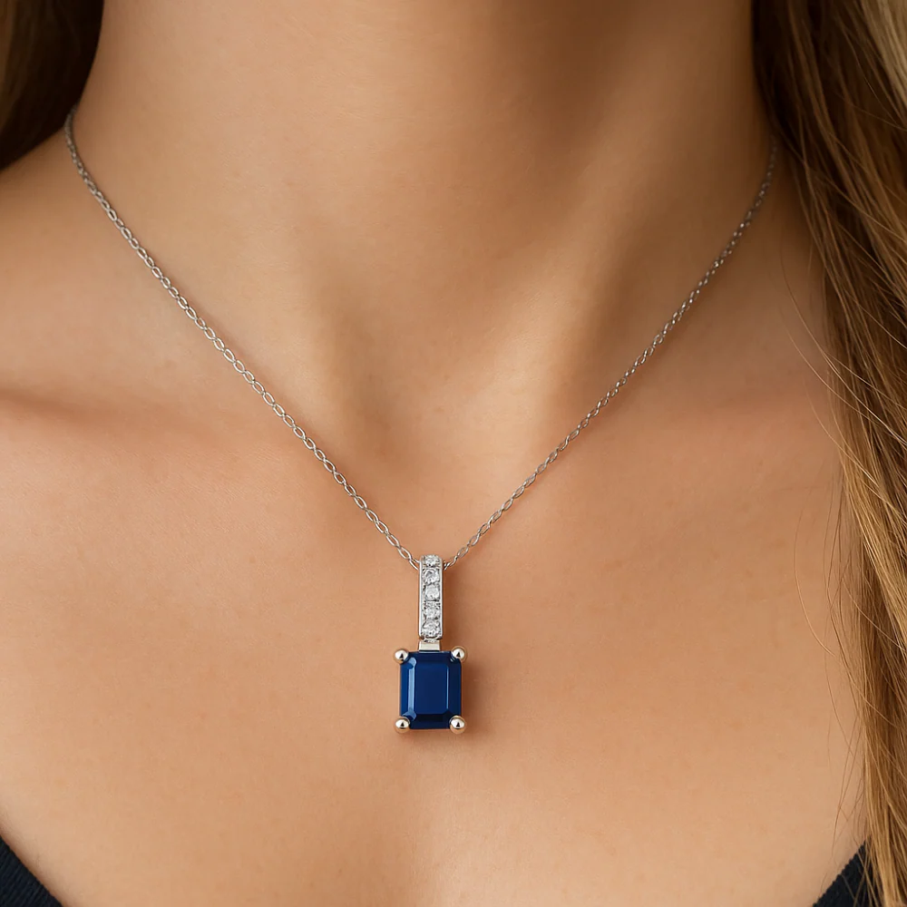 <span style="color:purple">SPECIAL!</span>1.17ct G SI 14K White Gold Diamond & Blue Sapphire Gemstone Pendant Necklace 18" Chain - Image 3
