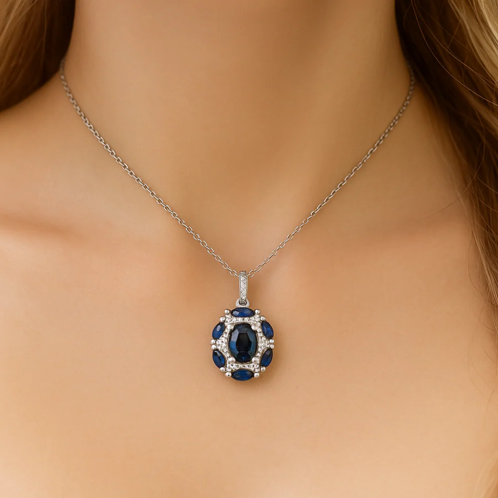 <span style="color:purple">SPECIAL!</span>1.52ct G SI 14K White Gold Diamond & Blue Sapphire Gemstone Dome Pendant Necklace 18" Chain - Image 3